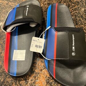 BMW Motorsport Black Slide Sandals with Red and Blue Stripes